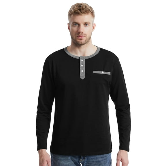 SPEEDRUN Men's Long Sleeve Henley Shirts Button Placket Leisure Casual Shirt Basic T-Shirt Stand-Up Collar Summer Henley Shirt Black XL