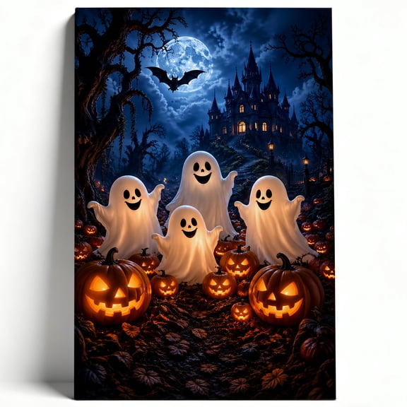 Spooky Ghosts and Pumpkins Canvas Wall Art Haunted Castle Halloween Poster Cute Ghost Night Painting Living Room Bedroom Fall Decor Print Ready to Hang 8*12