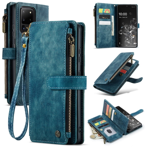 for Samsung Galaxy S20 Ultra Case Wallet for Women and Men, Samsung Galaxy S20 Ultra Case, PU Leather Magnetic Flip Strap Wristlet Zipper Card Holder Wallet Business Phone Cover for S20 Ultra, Blue