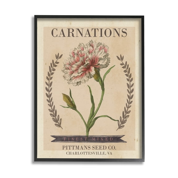 Stupell Industries Finest Mixed Carnations Antique Floral Seed Packet Botanical & Floral Painting Black Framed Art Print Wall Art, 11 x 14
