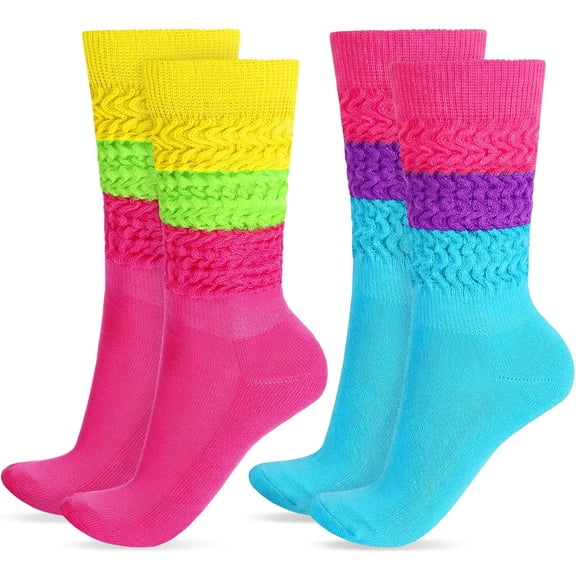 JASGOOD 2 Pairs Neon Slouch Socks for Women 80s 90s Retro Scrunch Socks Soft Knee High Socks for Party,Dance
