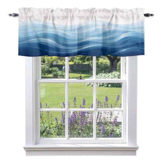 Navy Blue Fluid Waves Valances for Windows,Kitchen Valance Rod Pocket Short Curtain, Minimalist Gradient Layered Valance Curtain Window Valances for Bedroom Bathroom Living Room