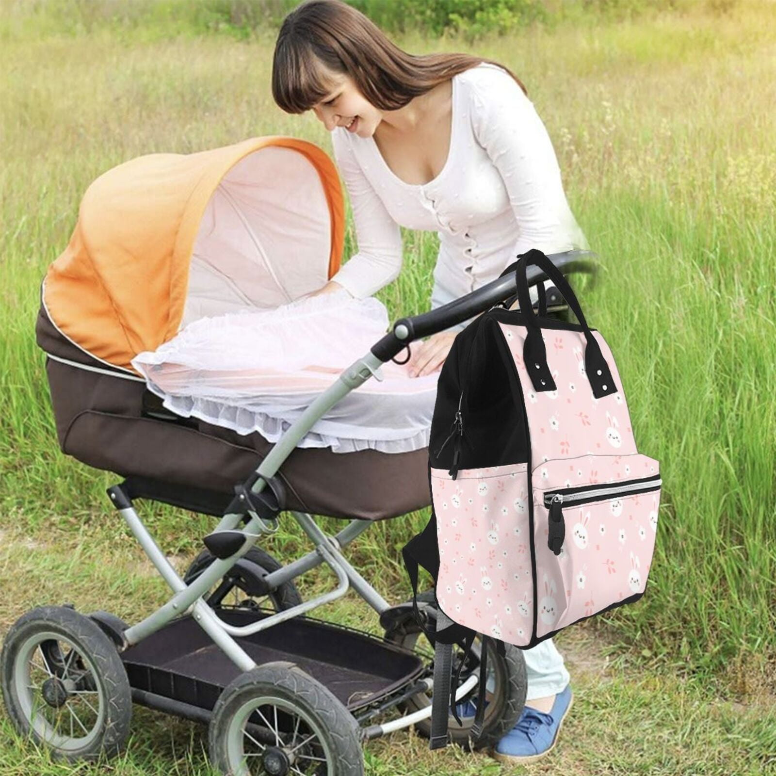 Ratiio Cute Bunny Mummy Backpack - Waterproof Twill Canvas, Large Capacity Diaper Bag with Multiple Pockets and Adjustable Straps