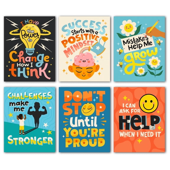 HoneyKICK Growth Mindset Posters Inspirational Motivational Classroom Decor Unframed Cardstock 6 Piece Set 11 x 14 inch