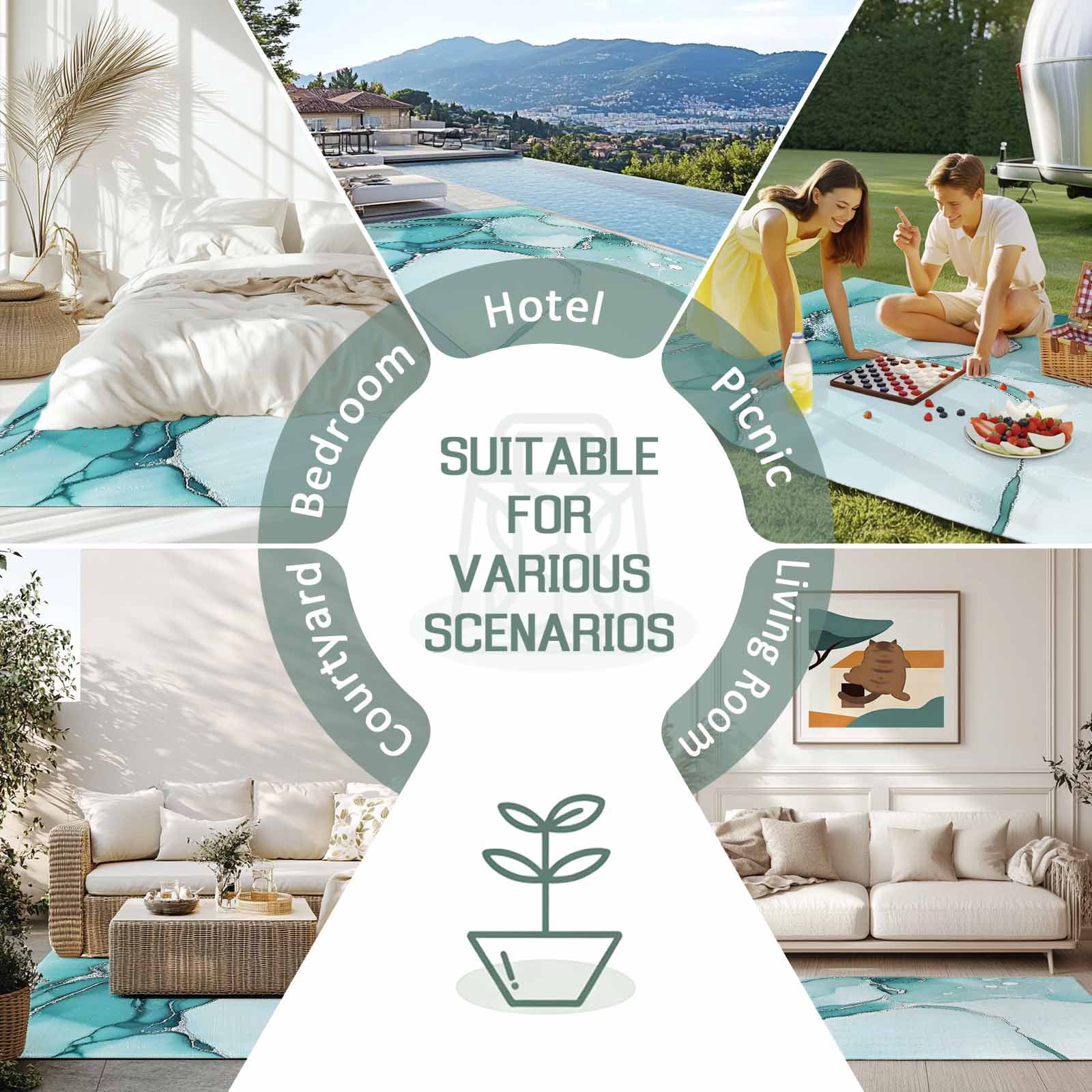 5' x 8' Outdoor Rug, Marble Turquoise Outdoor Washable Rug Large Floor Carpet, Abstract Nature Cracks Silver Wavy Non Shedding Area Rug for Outside Patio RV Porch Deck Balcony Camping Living Room