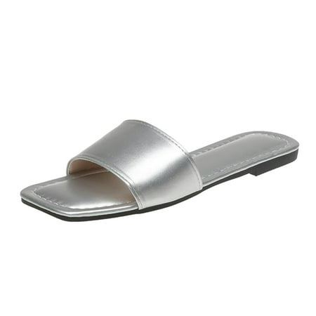 

ZIZOCWA Square Toe Women Slippers Summer Fashion Simple Solid Color Comfortable Flat Sandals Pu Leather Elegant Flip Flops Beach Slides Silver Size7.5
