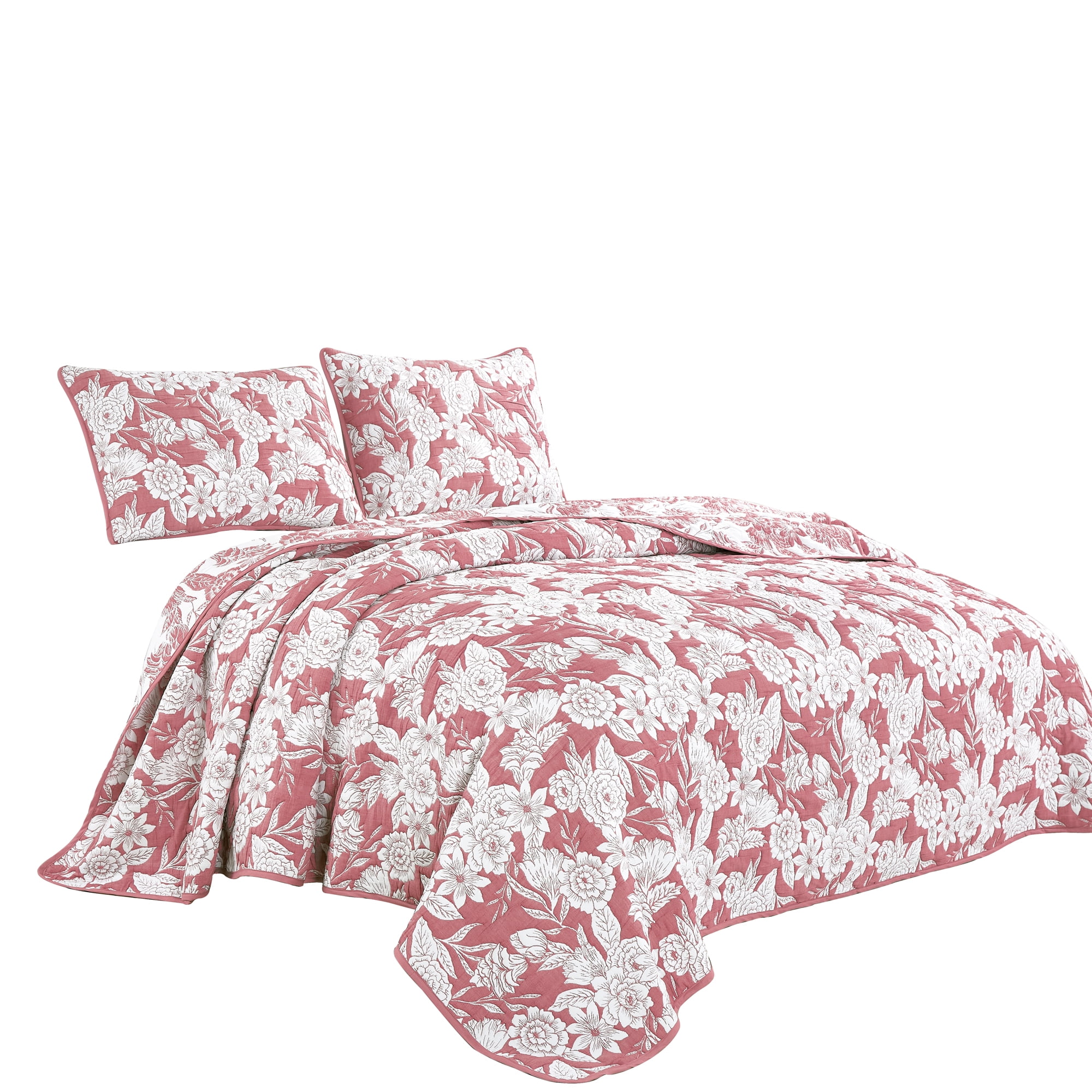 Pink & White Floral Pattern 3-Piece Reversible Cotton Matelasse Bedspread Set,King