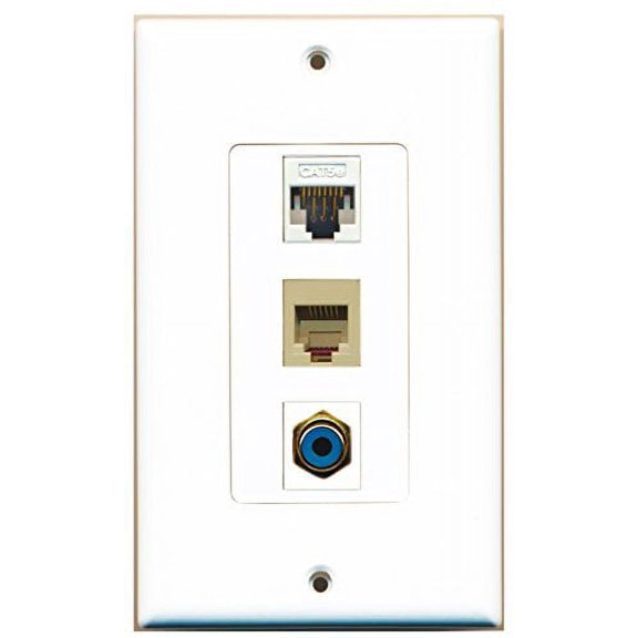 RiteAV - 1 Port RCA Blue and 1 Port Phone RJ11 RJ12 Beige and 1 Port Cat5e Ethernet White Decorative Wall Plate Decorative