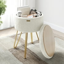 LammaLoe Small Round Ottoman with Storage, Boucle Ottoman Foot Stool with Lid, Upholstered Vanity Stool for Living Room & Bedroom, White