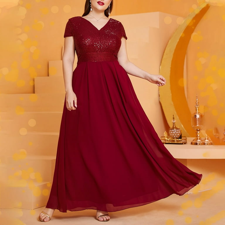 ITSAME Womens Plus Size Prom Dress, Chiffon Flowy Lace Elegant V Neck  Cocktail Gowns Dress Red XL - Walmart.com