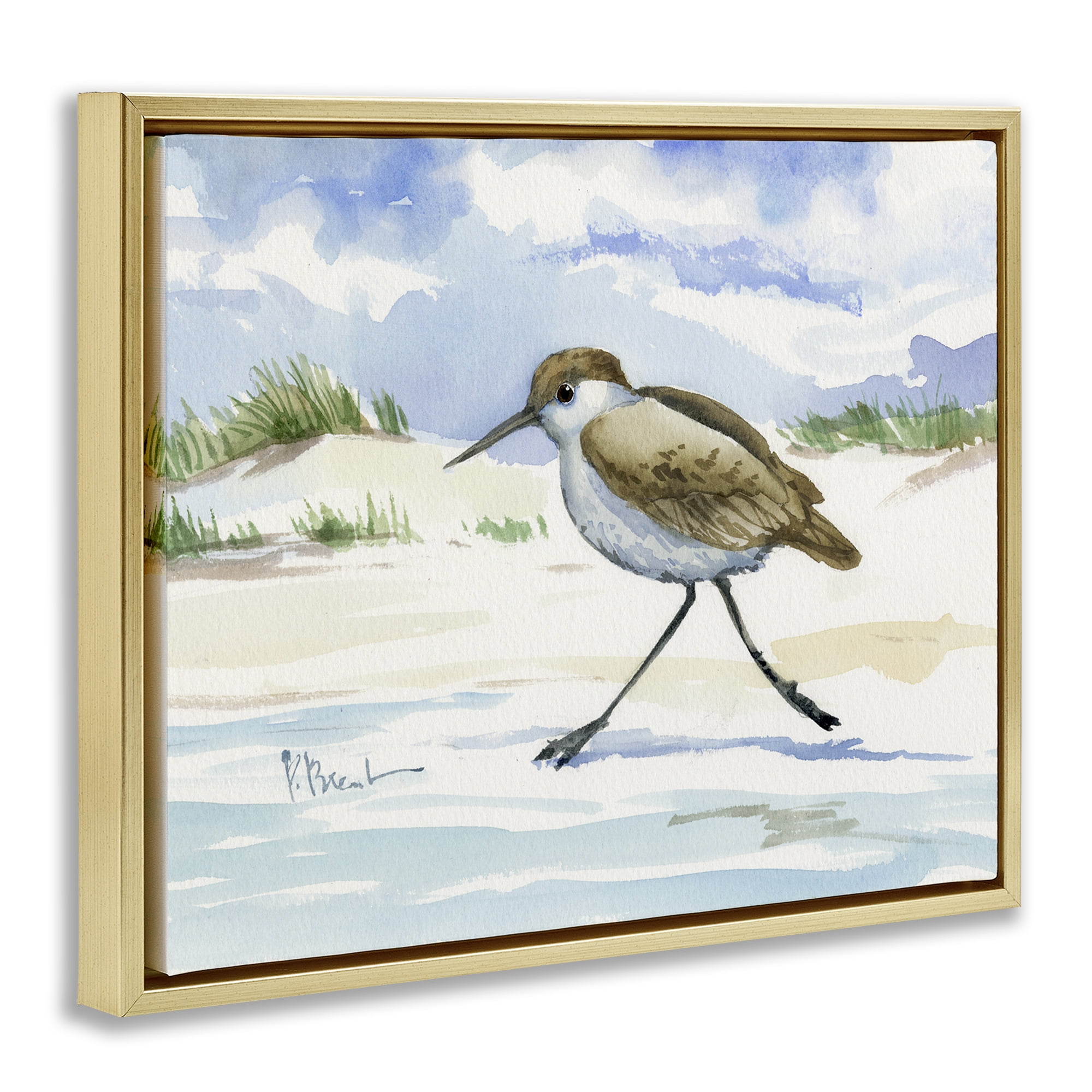 Stupell Industries Inlet Beach Sandpiper Running Gold Framed Floater Canvas Wall Art, design by Paul Brent