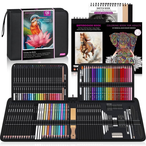 HIFORNY 136 PCS Drawing & Sketching Set,Pro Art Supplies with Graphite,Charcoal, Colored,Watercolor,Metallic Pencils,Blending Tools,Sketchbook,Watercolor Book and Coloring Book in Zipper Case(Black)