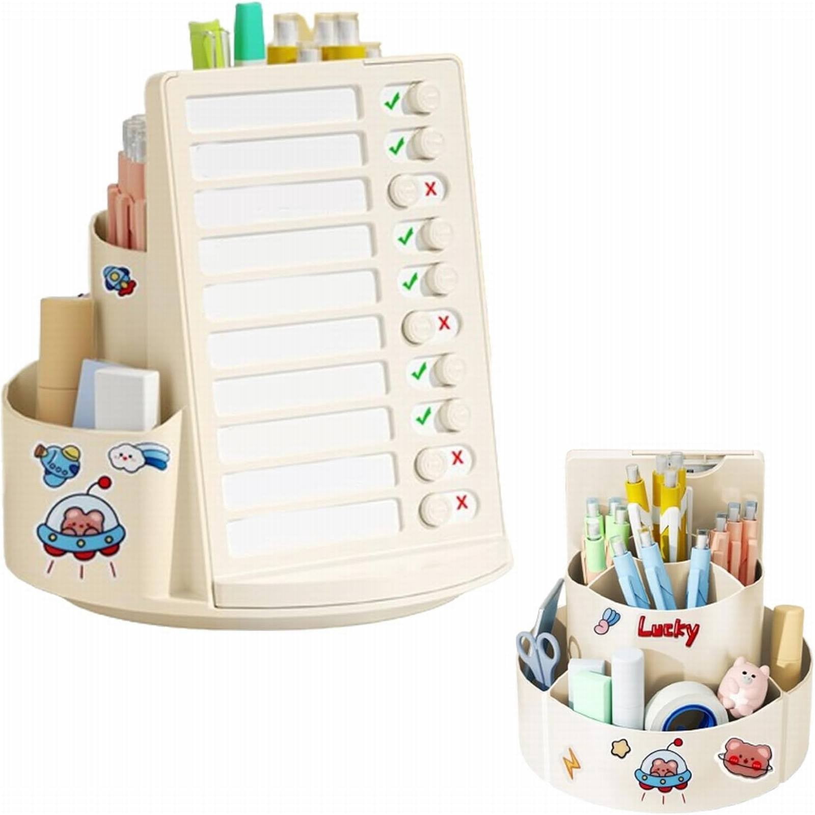Rotating Desk Organizer with Multiple Compartments - Blue - Multifunctional 360° Rotating Pen Holder With Daily Schedule To Do List Checklist Board Rotating Pencil Cup With Stickers Cute Pencil Cup