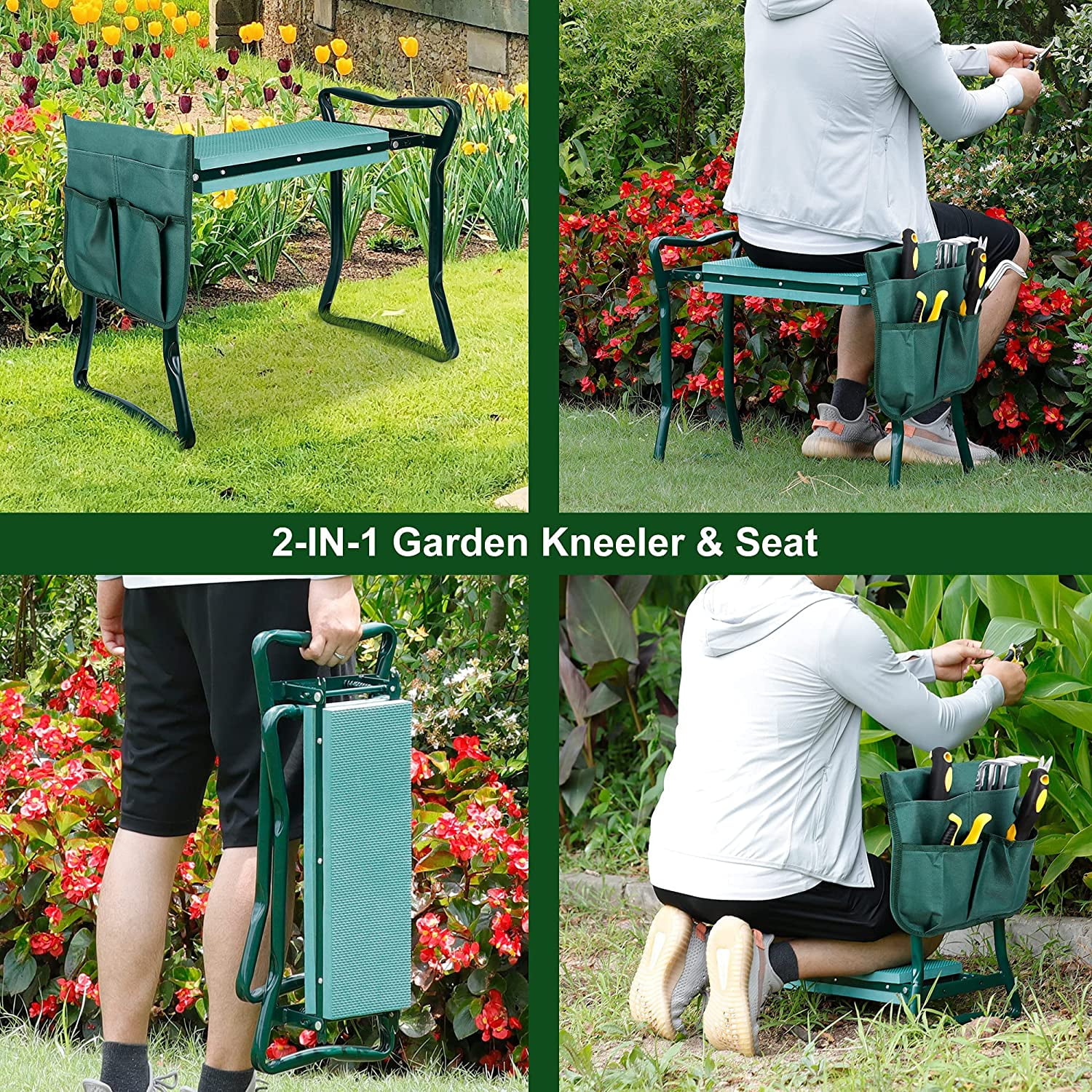 Folding Garden Kneeler and Bench Kneeling Soft Eva Pad Seat with Stool Pouch,Green