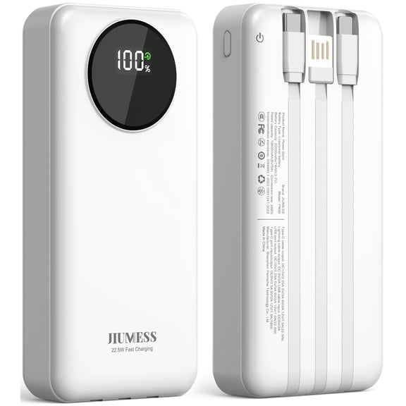 JIUMESS 20000mAh Power Bank with Cables 22.5W Fast Portable Charger Compatible for iPhone, Android