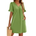 thumbnail image 5 of QIJIE Shift Dress for Women V Neck Short Sleeves Solid Color Casual Flowy Summer Dresses(S-2XL) Army Green 2XL, 5 of 5