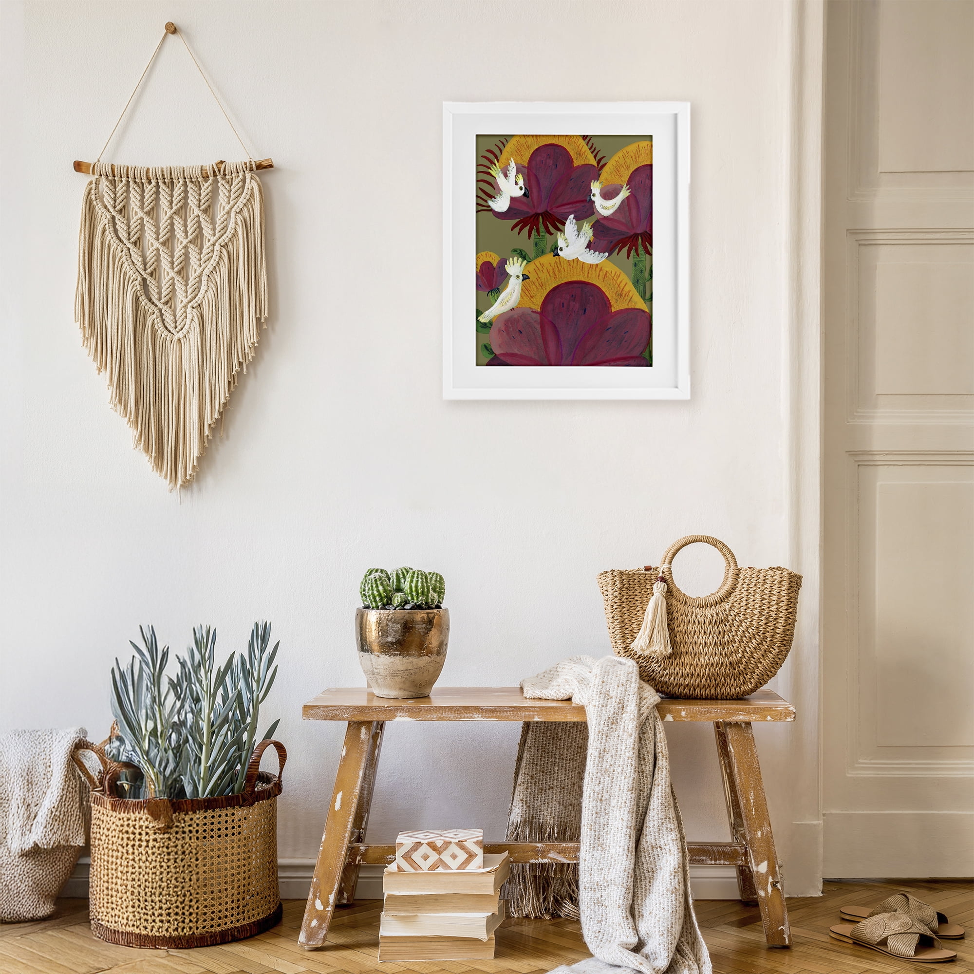Stupell Industries Tropical Cockatoos & Plants White Framed Print Under Glass, design by Kay Widdowson