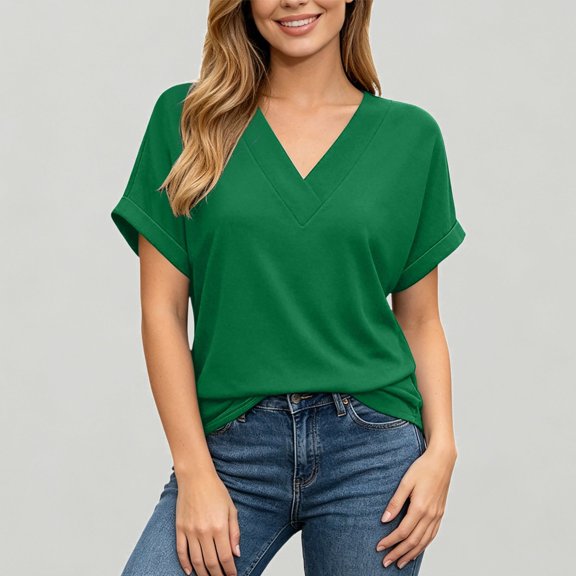 Xijirk Women's V-Neck T-Shirt Rolled Short Sleeve Casual Loose Fit Summer Tee,L