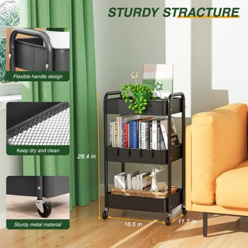 3 Tier Rolling Storage Cart, Metal Trolley Utility Cart with Wheels & Hooks, Easy Assembly Organizer Storage Cart for Bathroom Kitchen Office Bedroom Black