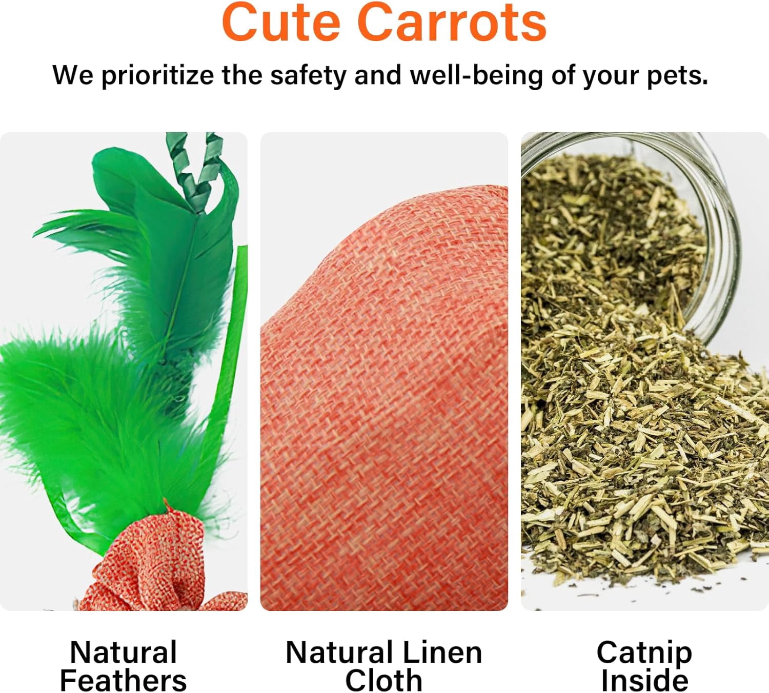 Mooipur Fun Carrot Catnip Toys for Indoor Cats to Keep Them Busy, Soft Linen, Interactive Cat Feather Toys for Kitten Kicking, Teething, Exercise, Catmint Toys for Cats All Breeds (3 PCS)