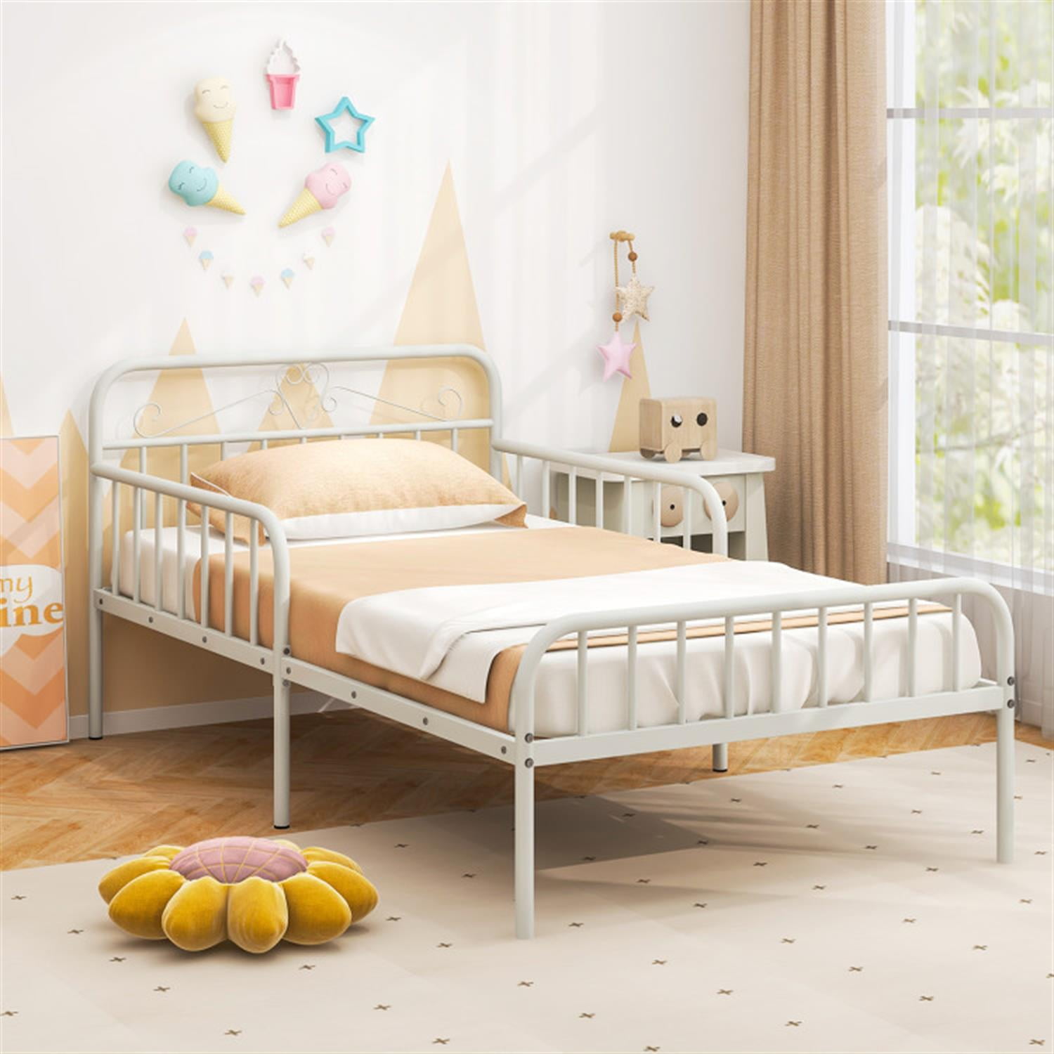 Demi Bonn Twin Size Bed Frame with Headboard and Safety Side Guardrails, Metal Platform Bed Frame with Under Bed Storage, No Box Spring Needed, White
