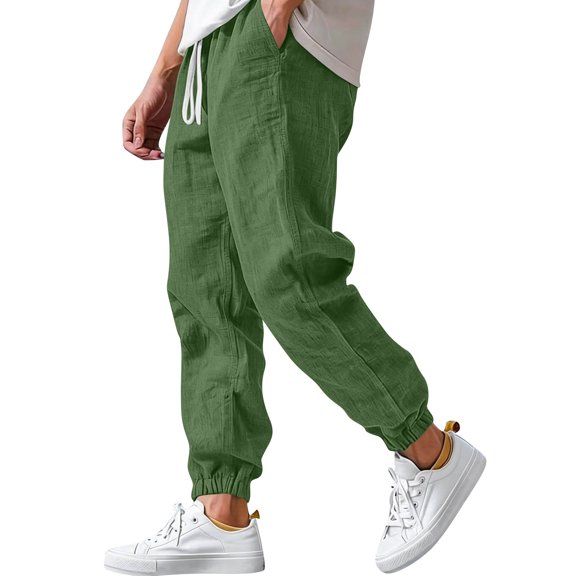 Havenx Cotton Linen Jogger Pants for Men Elastic Waist Drawstring Joggers with Pockets Cuffed Ankles Sweatpants Baggy Beach Lounge Relaxed Fit Casual Summer Loungewear,Camouflage Green M