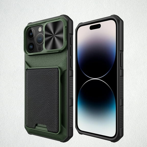 For iPhone 15 Pro Max Camera Lens Slide Cover, Detachable Wallet with Card Holder, Magnetic Car Holder Support Wireless Charging Shockproof Cover Military Grade Drop Cover For iPhone 15 Pro Max, Green