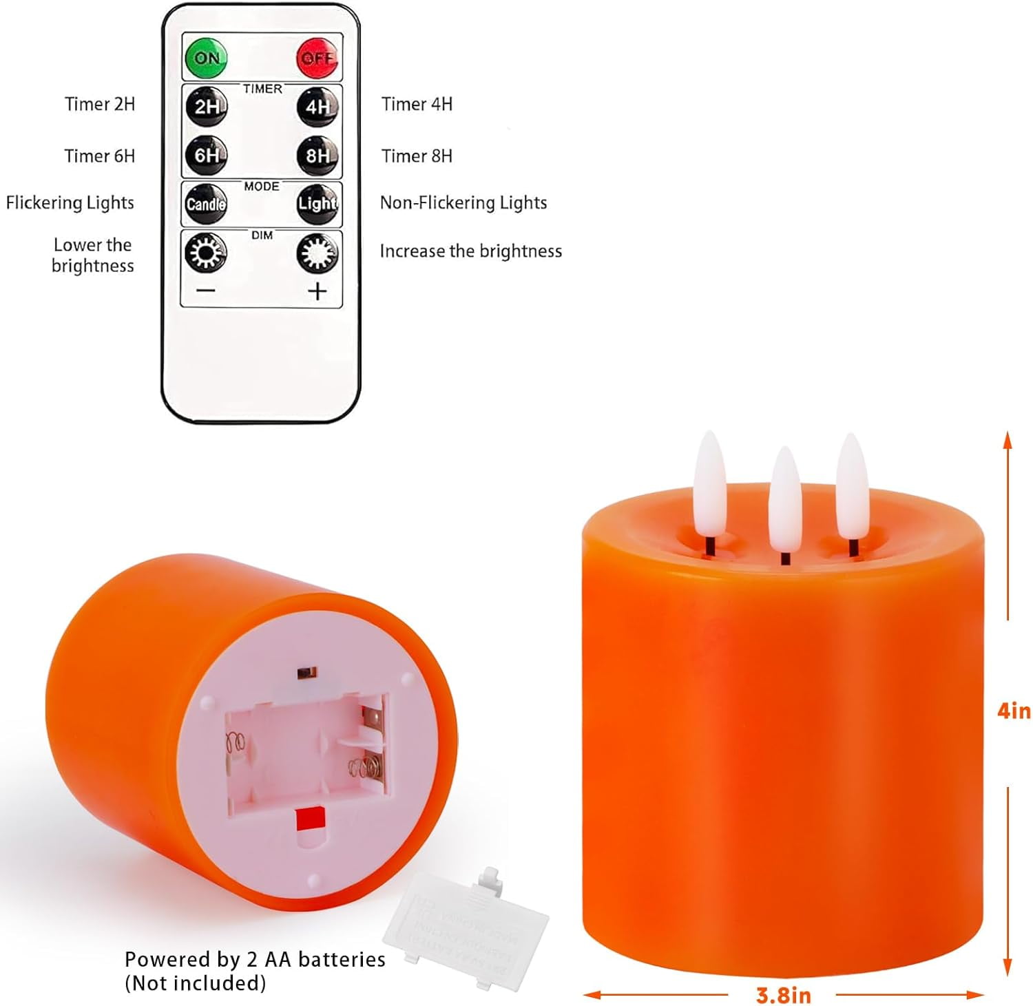 3 Wick Flameless Candles Set of 2, 4"x4" Flickering Large LED Candles with Remote & Timer, Dimmable Real Wax Pillar Candles Battery Operated, Orange Candles for Fall Thanksgiving Halloween Decor