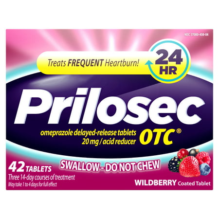 Prilosec OTC Frequent Heartburn Relief Medicine and Acid Reducer, Wildberry Flavor, 42 Count – Omeprazole Delayed-Release Tablets 20mg - Proton Pump