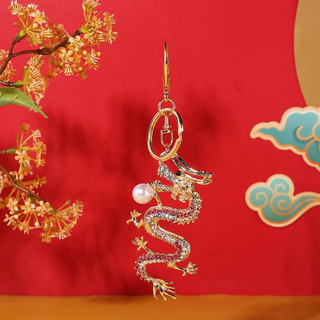 WIFKLSIIPG Exquisite Chinese Dragon Keychain High Grade Metal with Glistening Pearls and High End