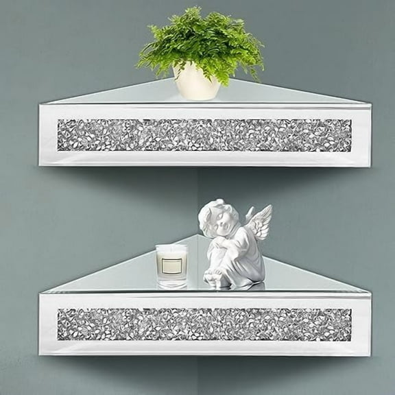 Corner Floating Shelves 2 Sets, Corner Shelf Wall Mounted Crushed Diamond, Corner Shelves Crystal Mirrored, Floating Corner Shelves for Wall