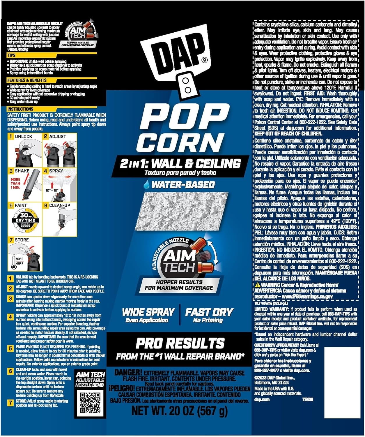 DAP 7079850025 Popcorn Water Based 2in1 Wall & Ceiling Texture Spray with Aim Tech Nozzle, White, 20 Ounce
