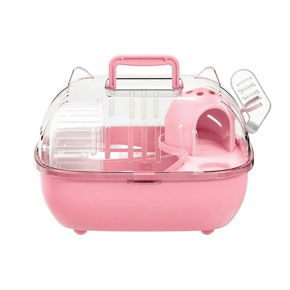 Spacious Hamster Cage, 10.83x8.66in Small Pet Handheld Travel Carrier Transparent Top Lid with House Water Dispenser for Hamster Syrian Hamster Daily Resting Travel Transport Pink