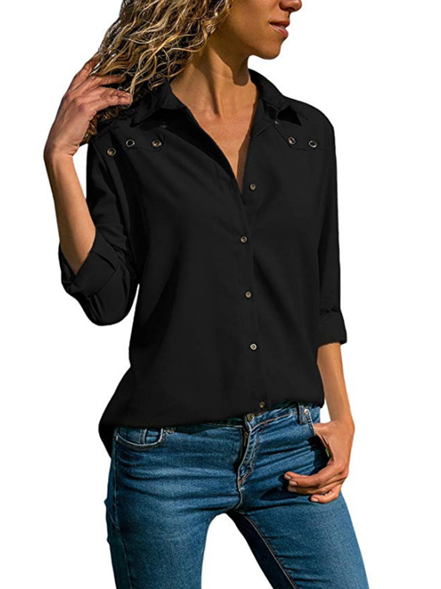 RUWQ Button Down V Neck Shirts Long Sleeve Blouse Roll Up Cuffed Sleeve Casual Work Plain Tops with Pockets 