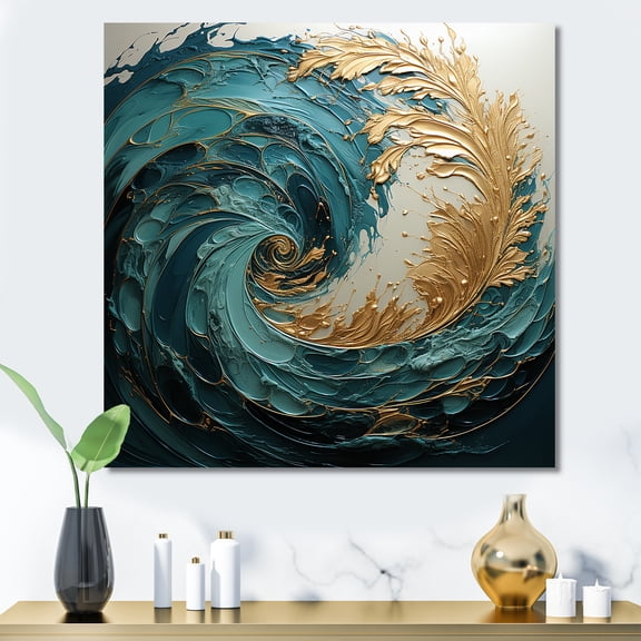 Designart "Ocean Spiral In Gold And Teal V" Abstract Spirals Canvas Art Print