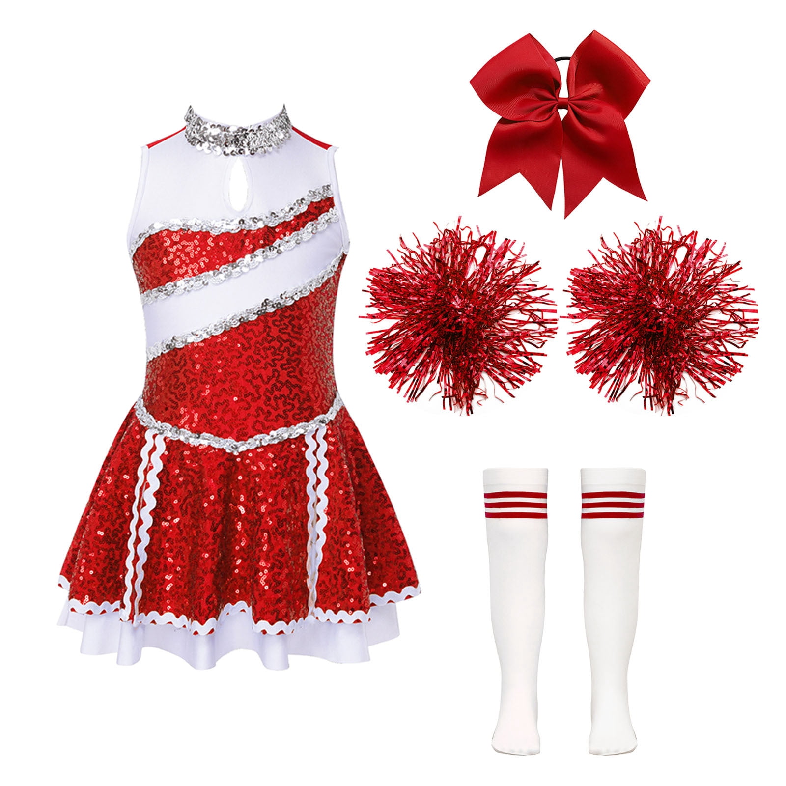iiniim Girls Cheer Leader Sequins Cheerleading Dress with Pom Poms Headwear Socks for Halloween B Red 12