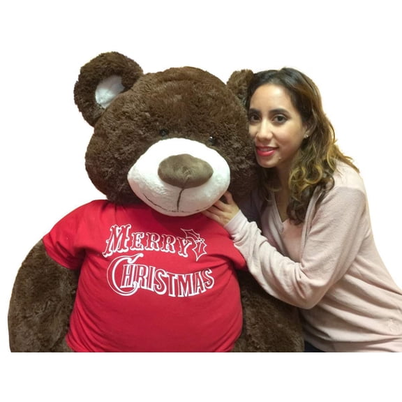 Big Plush 5 Foot Teddy Bear Chocolate Brown Color Wears Removable Tshirt that says Merry Christmas