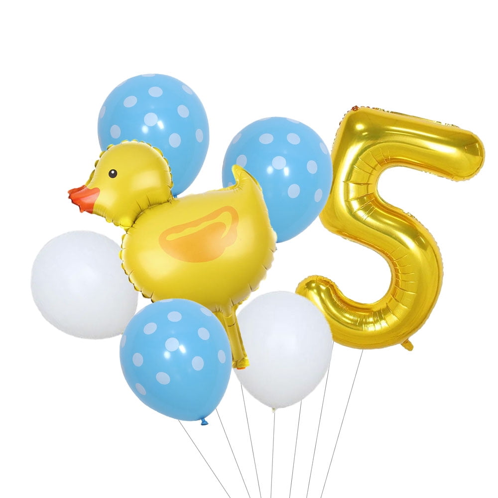 Small yellow duck-shaped floating air balloon sets with digital balloons for birthday party decoration.
