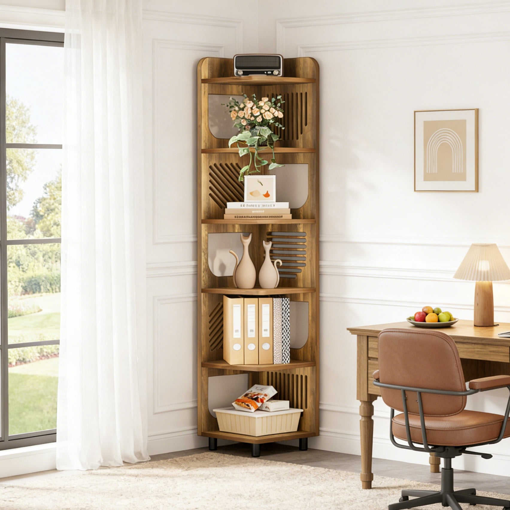 Fnova 71" 6-Tier Tall Corner Bookshelf, Rustic Wooden Narrow Corner Bookcase with Artistic Square Rack, Freestanding Display Storage Shelf for Space-Saving Home Organizing