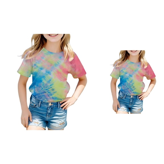 Girls' Tie-Dye Short Sleeve Tee, Summer Casual Crewneck Tops for Kids 5-14 Years