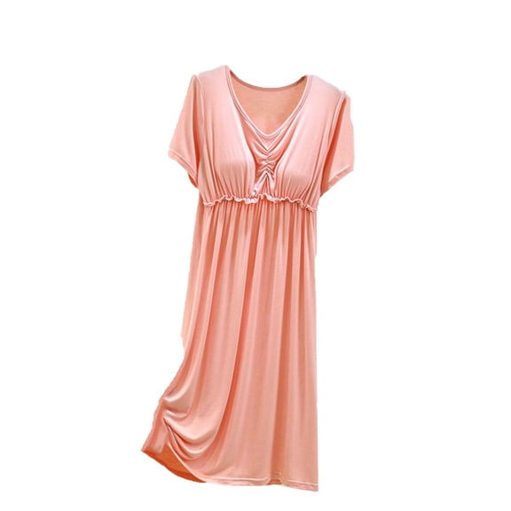 MGDXOX Nightgown for Women Short Sleeve Cotton Pajama Dress with Built in Bras Summer Soft Nightie Comfy Sleepwear Pink Free Size