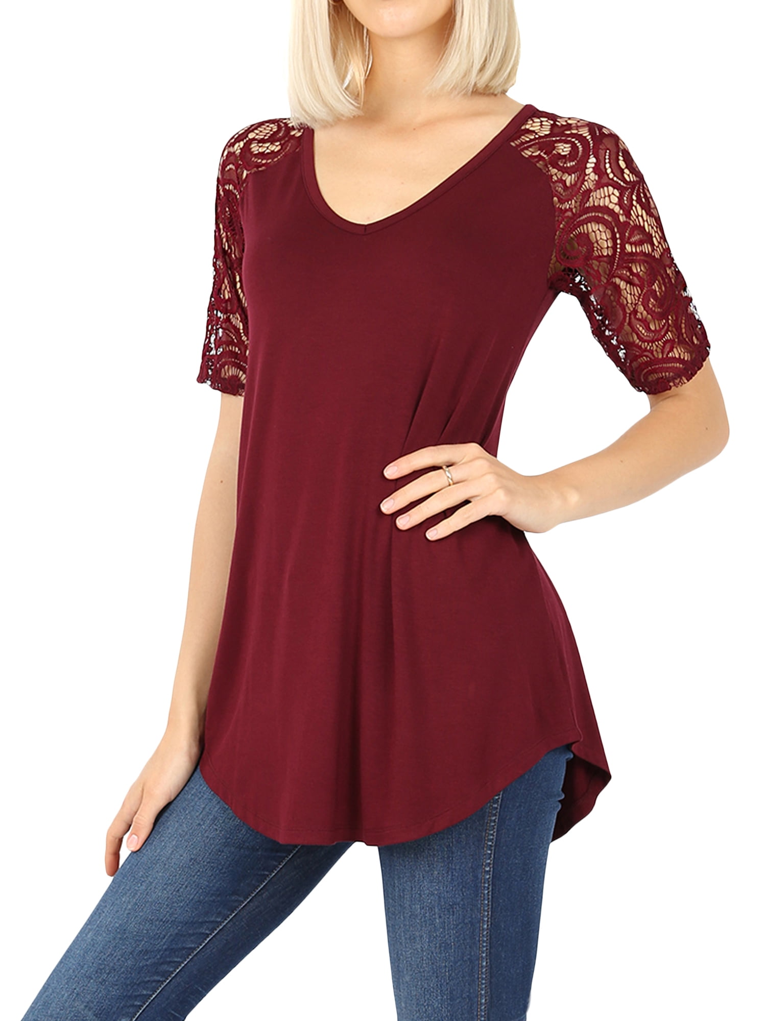 TheLovely Womens & Plus Soft Rayon Lace Short Sleeve VNeck Round Hem