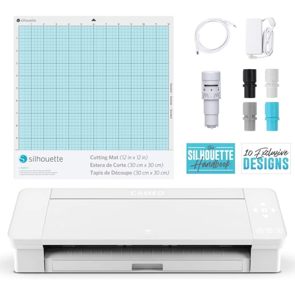 Open Box Silhouette SILHCAMEO4WHT4T Cameo 4 with Bluetooth, 12x12 Cutting Mat, Autoblade 2, 100 Designs and Silhouette Studio Software - White Edition
