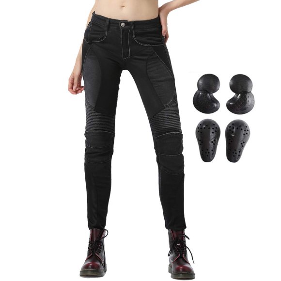 Takuey Women Motorcycle Riding Jeans Motocross Racing Pants With Upgrade Knee Hip Pads (27, Black)
