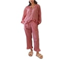 thumbnail image 2 of Women Loungewear 2 Piece Set V Neck Button Down Puff Sleeve Tops Elastic Waist Pants Ruffled Hem Plaid Comfy Pajamas (XL, Red), 2 of 4