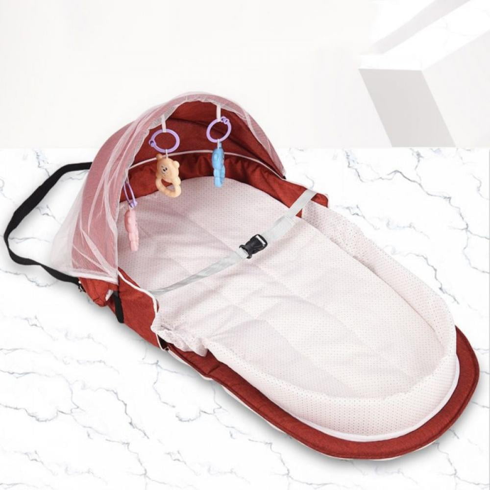 Novobey Baby Travel Bed，4 in 1 Portable Bassinet Portable Foldable Baby Crib Mosquito Net Tent Bassinet Infant Sleeping Basket with Toys for 0-24 Months Newborn Baby