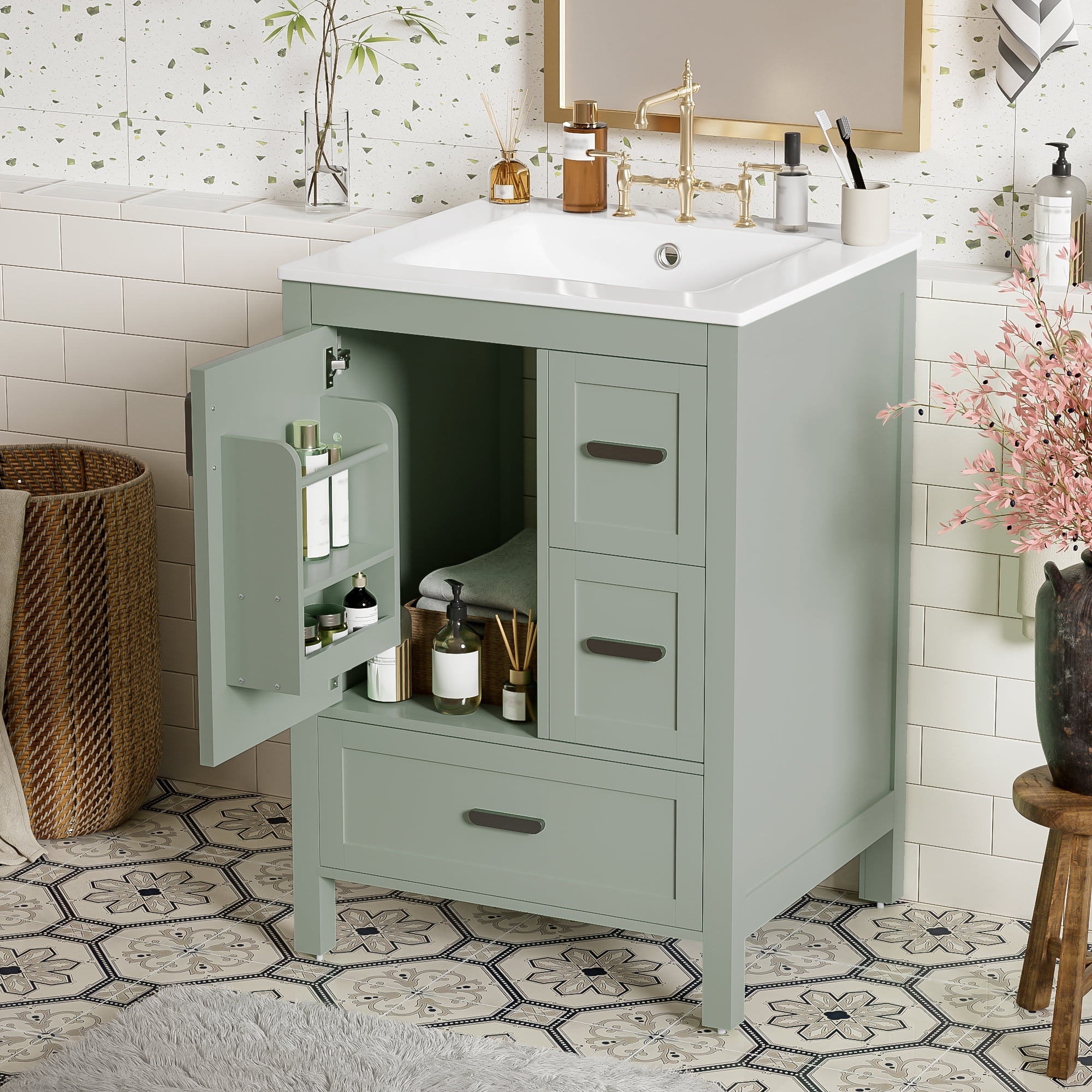 viswild 24" Bathroom Vanity with Ceramic Sink, Soft-Close Door, 3 Drawers & Double Door Shelves for Small Spaces, Green