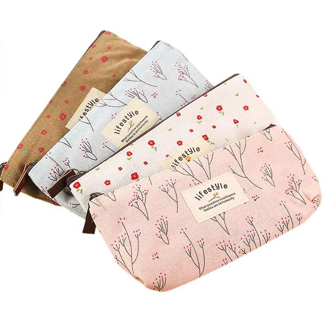 Estuche para lápices, Linda Flor Floral Lona Cremallera Estuches para lápices Encantadora Tela Flor Árbol Bolígrafos Útiles Escolares 4 Piezas,11 Feliz Sencillez