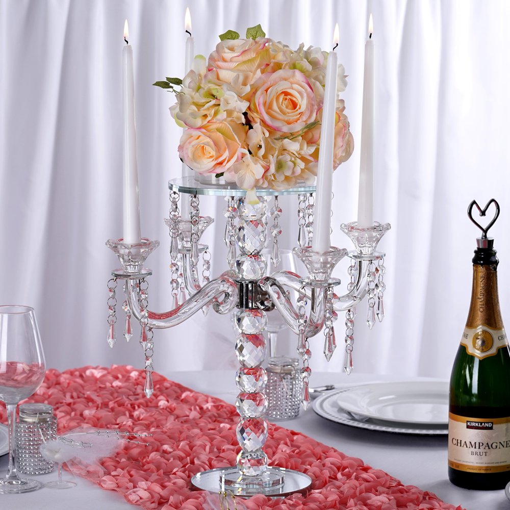 Efavormart 15" Handcrafted Crystal Glass Candelabra Votive Taper Flower Holder With Crystal