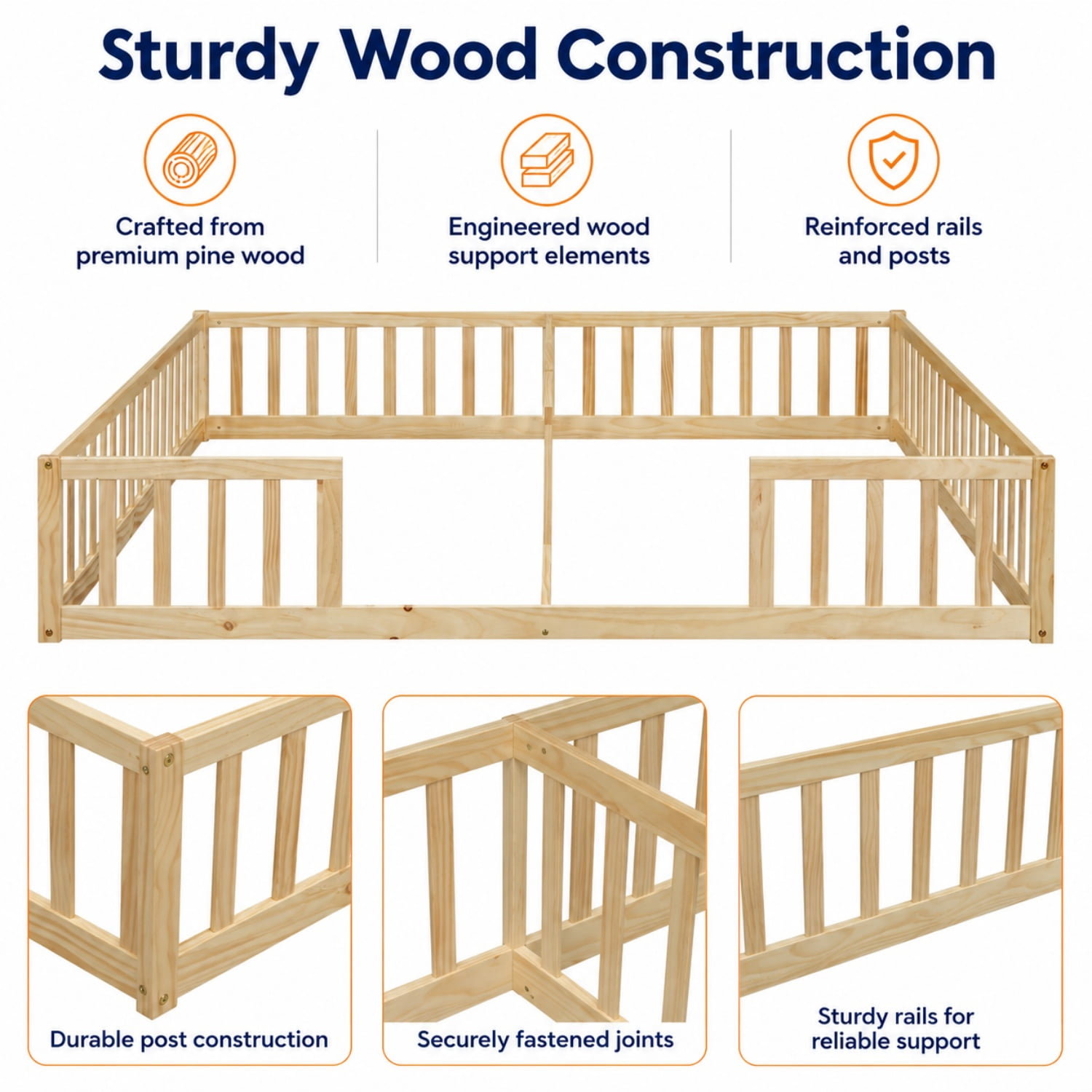 Miniyam Double Twin Floor Bed for Kids, Wood Bed Frame with Guardrails, Low Profile Design, Natural